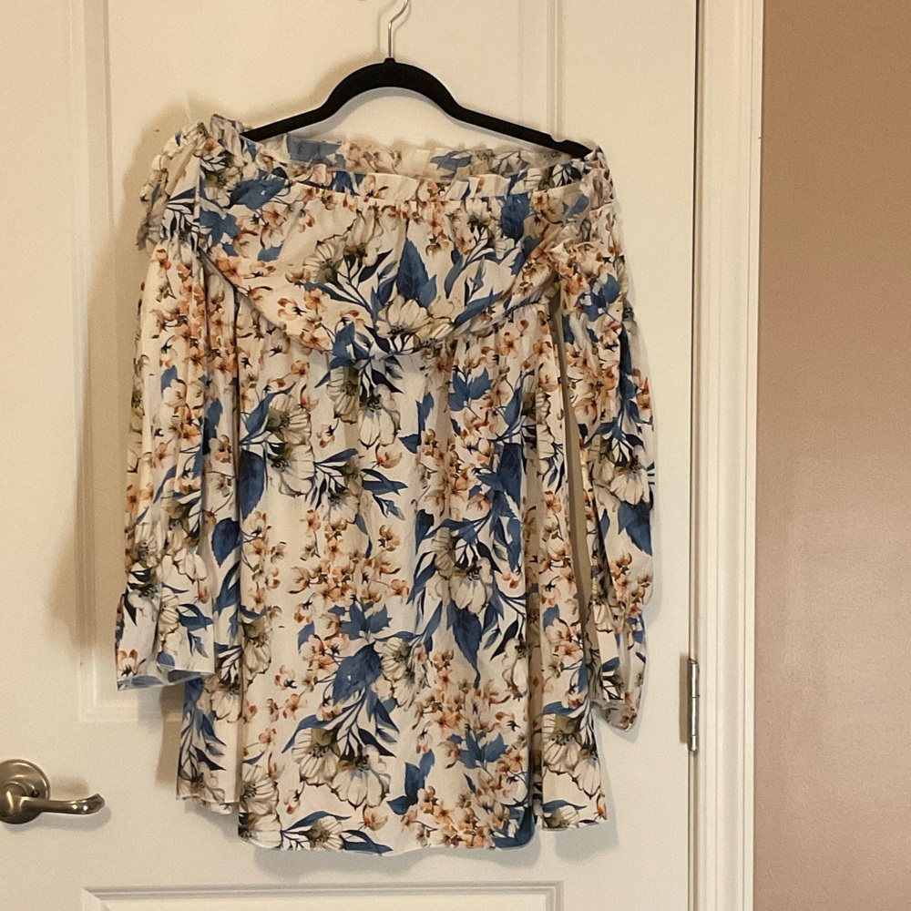 Off-Shoulder Floral Women’s Dress/Top in Cream and Blue
